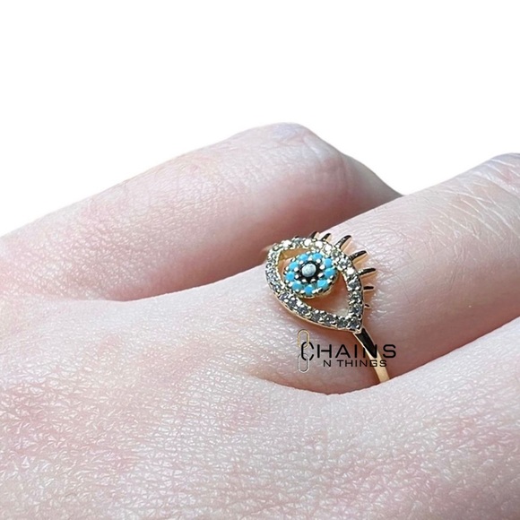 Blue eye Ring & Earrings SET gold plated sparkly zircon cute lashes boho stylish - Picture 5 of 7